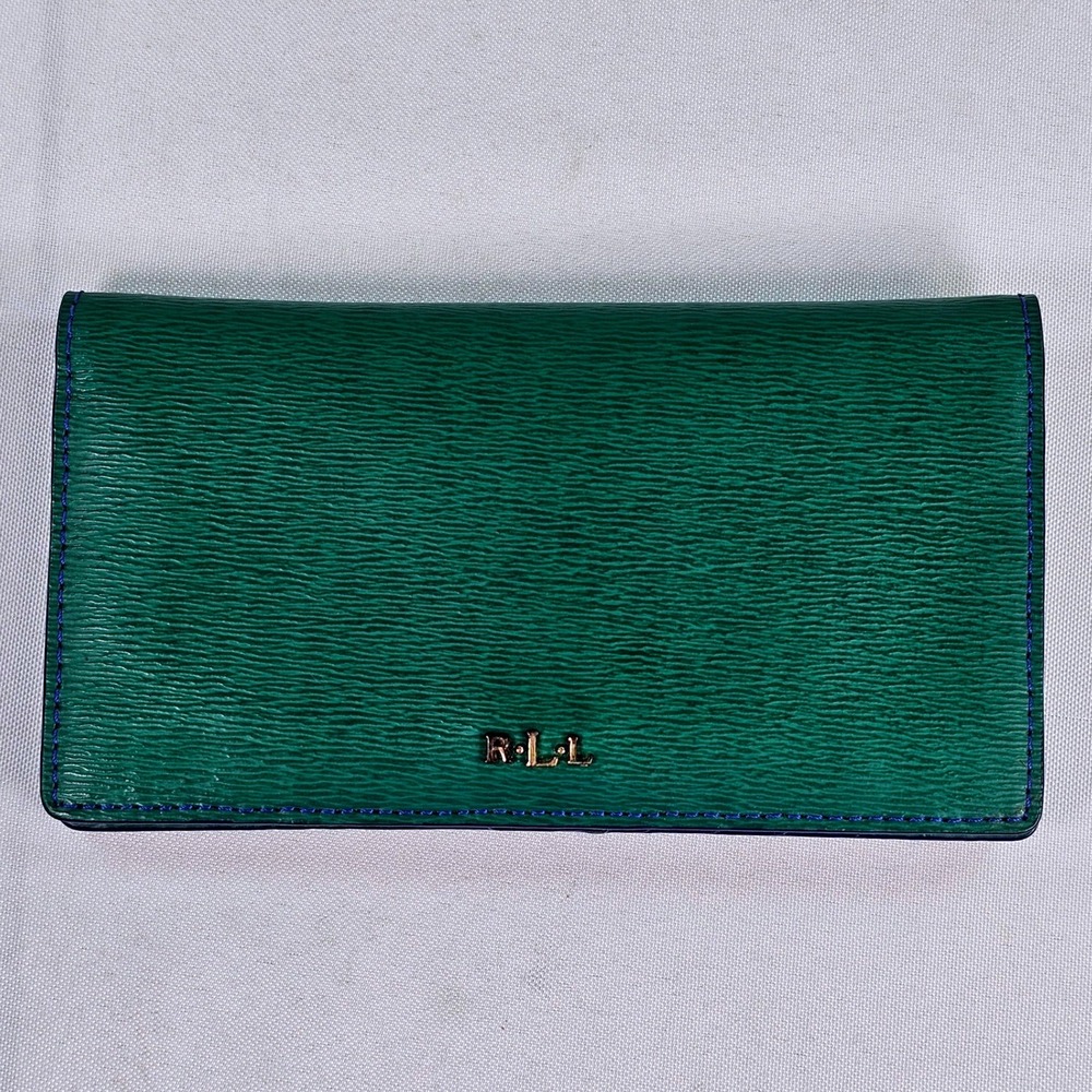 Lauren Ralph Lauren Green Textured Leather Slim Bifold Wallet Blue Stitching - Picture 1 of 10